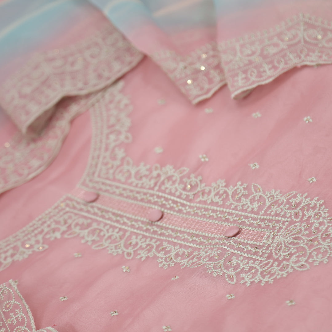 Khoobsurat Bubblegum Pink Embroidered Organza Suit Set