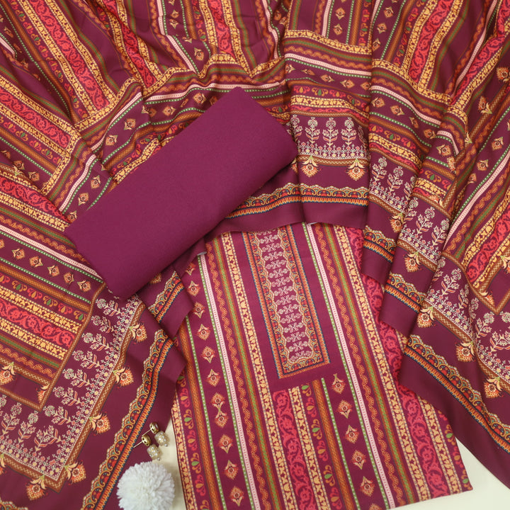 Takhayyal Mulberry Purple Printed Semi Pashmina Suit Set