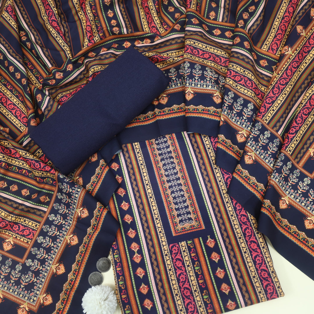 Takhayyal Royal Blue Printed Semi Pashmina Suit Set