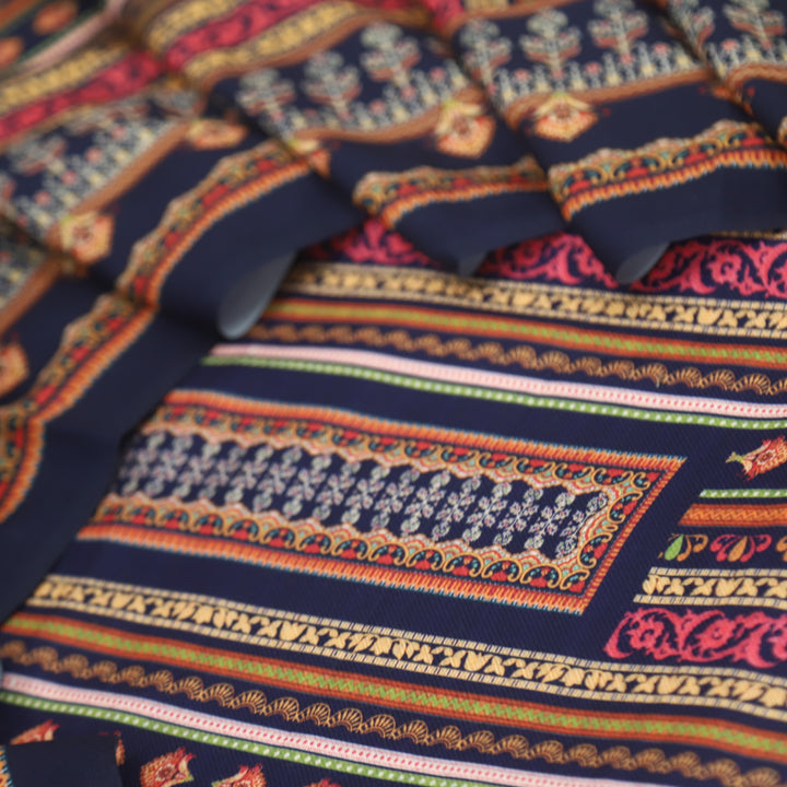 Takhayyal Royal Blue Printed Semi Pashmina Suit Set