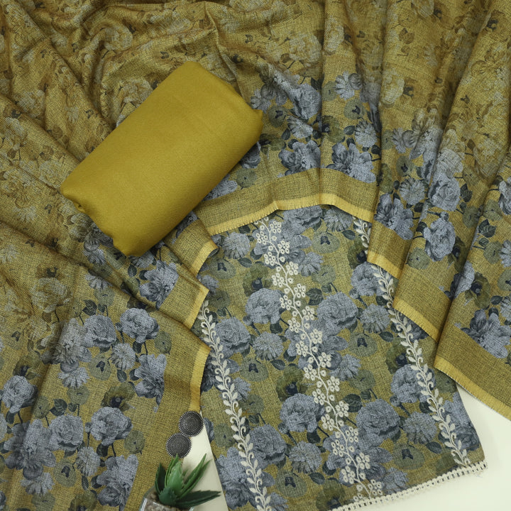 Shokhiyan Dijon Yellow Thread Weaved Printed Semi Pashmina Set