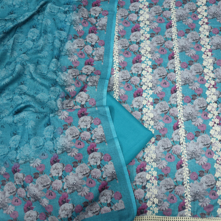 Shokhiyan Ocean Blue  Thread Weaved Printed Semi Pashmina Set