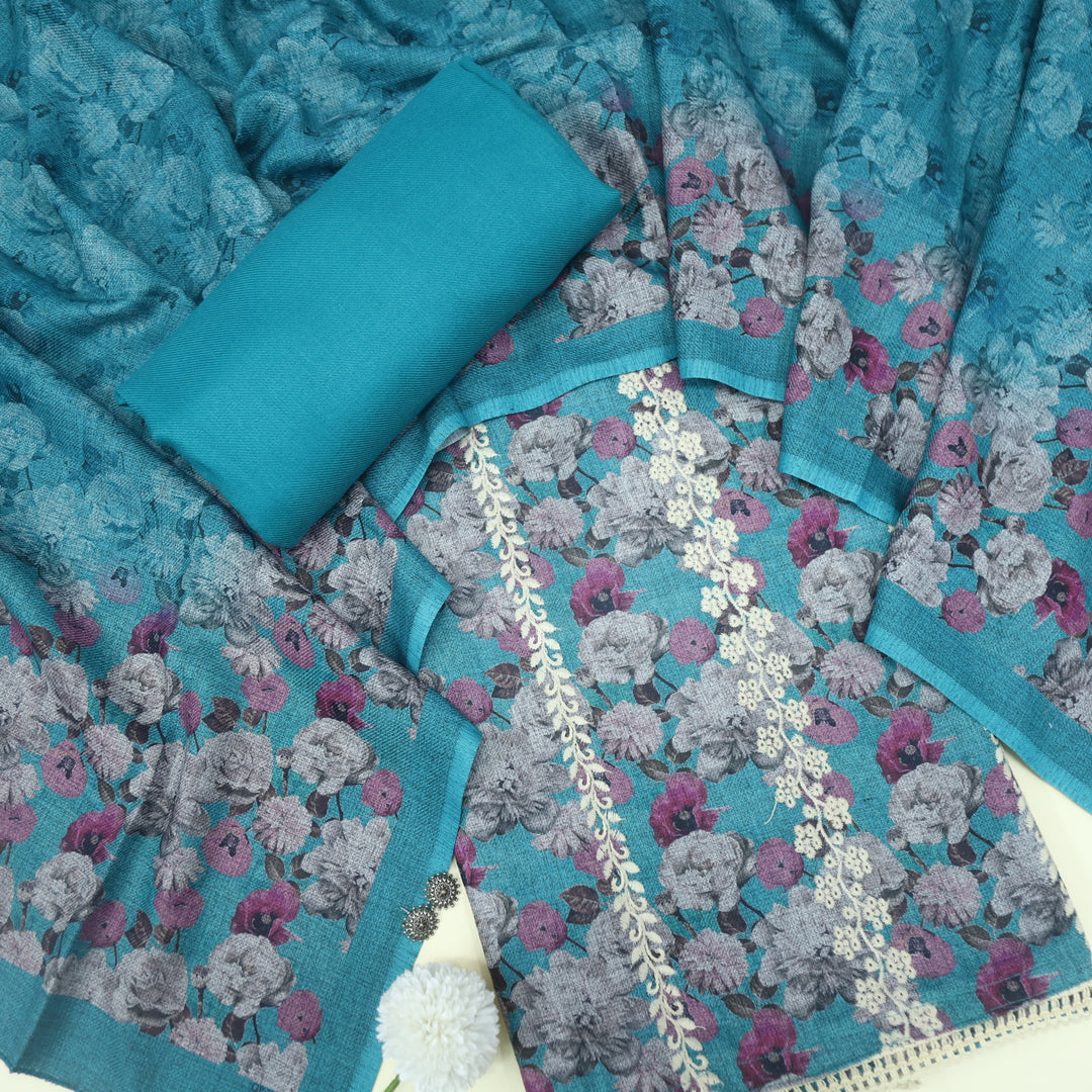 Shokhiyan Ocean Blue  Thread Weaved Printed Semi Pashmina Set
