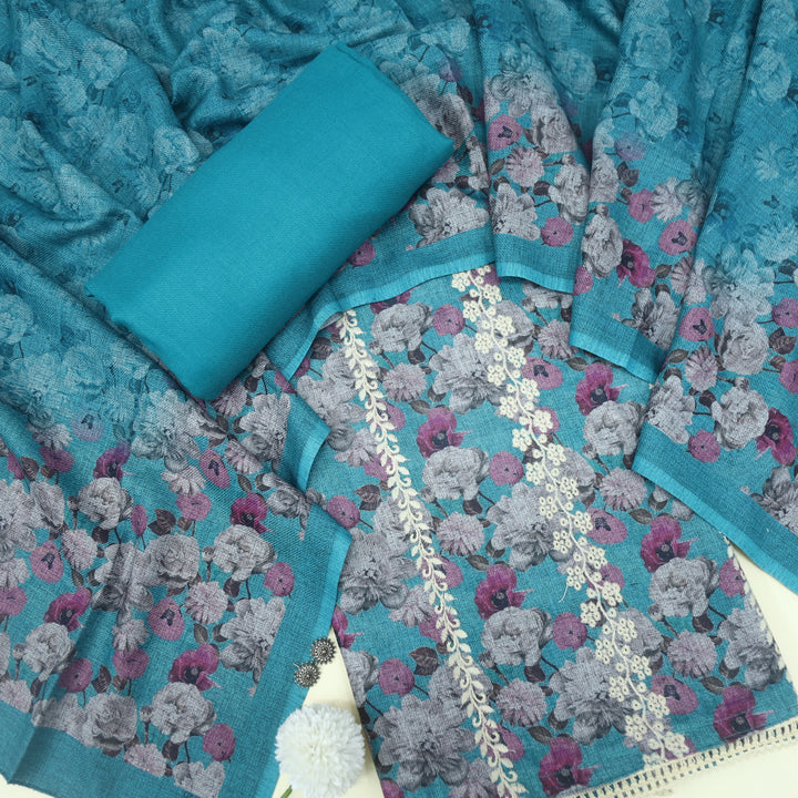 Shokhiyan Ocean Blue  Thread Weaved Printed Semi Pashmina Set