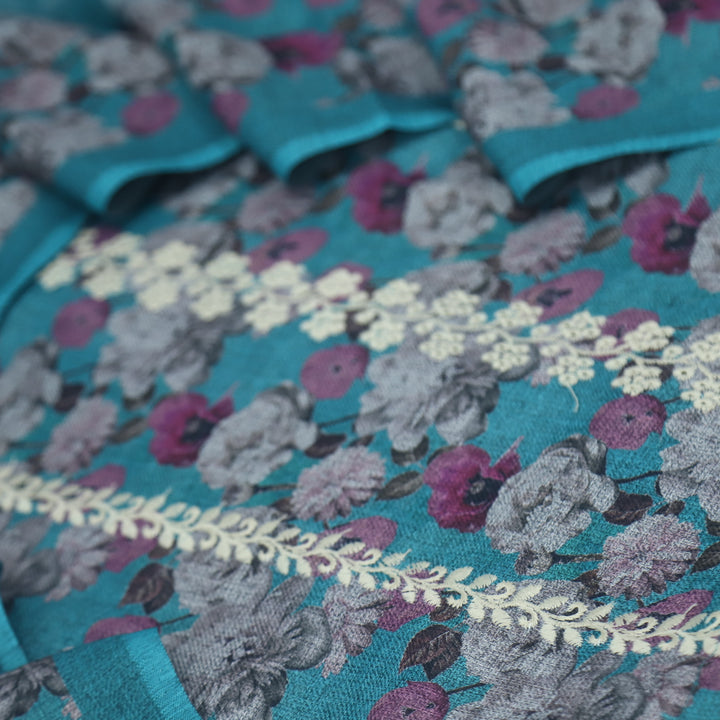 Shokhiyan Ocean Blue  Thread Weaved Printed Semi Pashmina Set