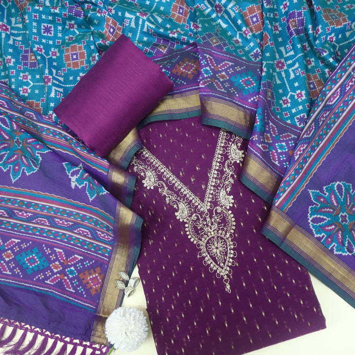 Alhada Velour Purple Zari Embroidery V Neck Chanderi Silk Suit