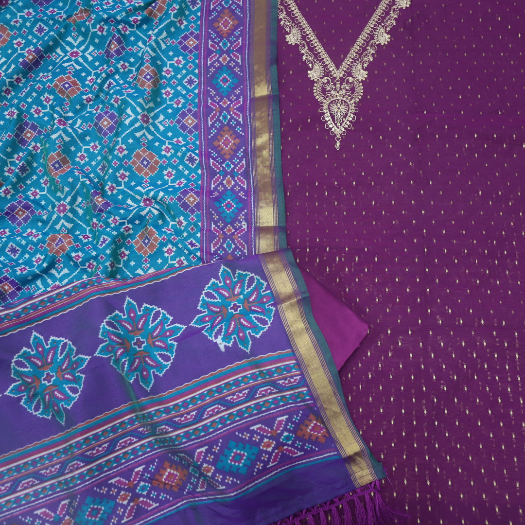 Alhada Velour Purple Zari Embroidery V Neck Chanderi Silk Suit