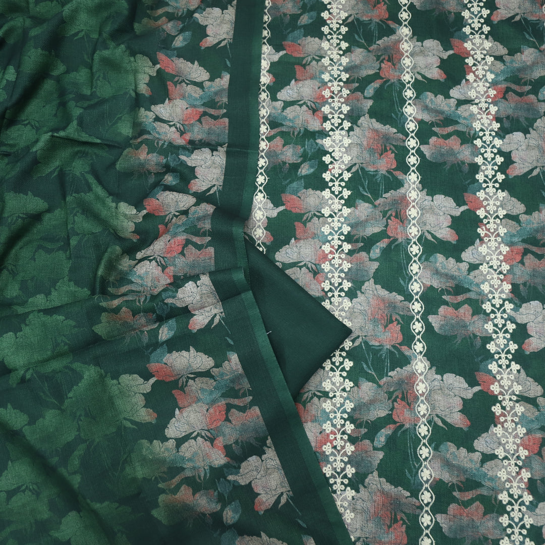 Shokhiyan Dark Green Thread Weaved Printed Semi Pashmina Set
