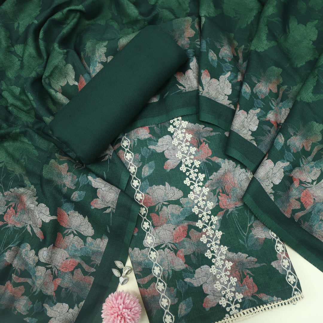 Shokhiyan Dark Green Thread Weaved Printed Semi Pashmina Set