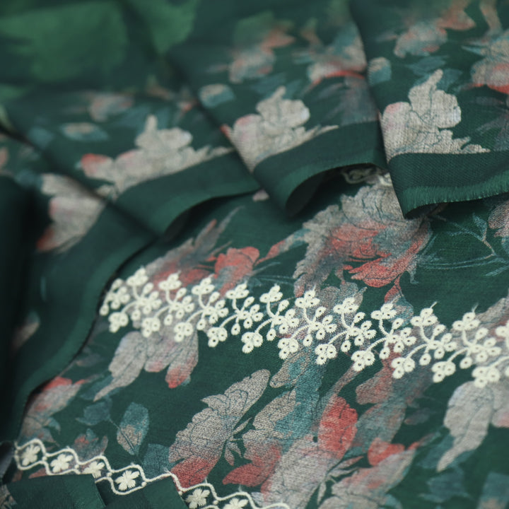 Shokhiyan Dark Green Thread Weaved Printed Semi Pashmina Set