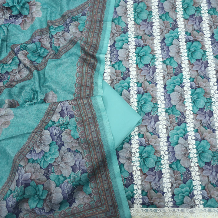 Shokhiyan Ocean Green Thread Weaved Printed Semi Pashmina Set