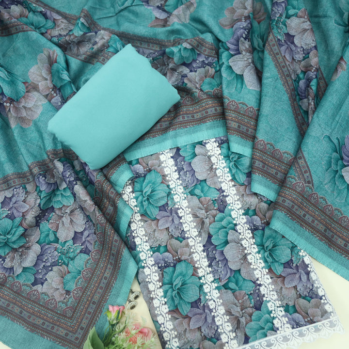 Shokhiyan Ocean Green Thread Weaved Printed Semi Pashmina Set