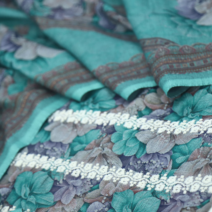 Shokhiyan Ocean Green Thread Weaved Printed Semi Pashmina Set
