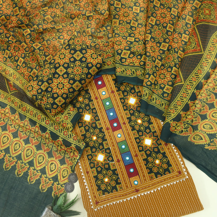 Ruhani Fire Yellow Kantha Work Cotton Top with Printed Dupatta