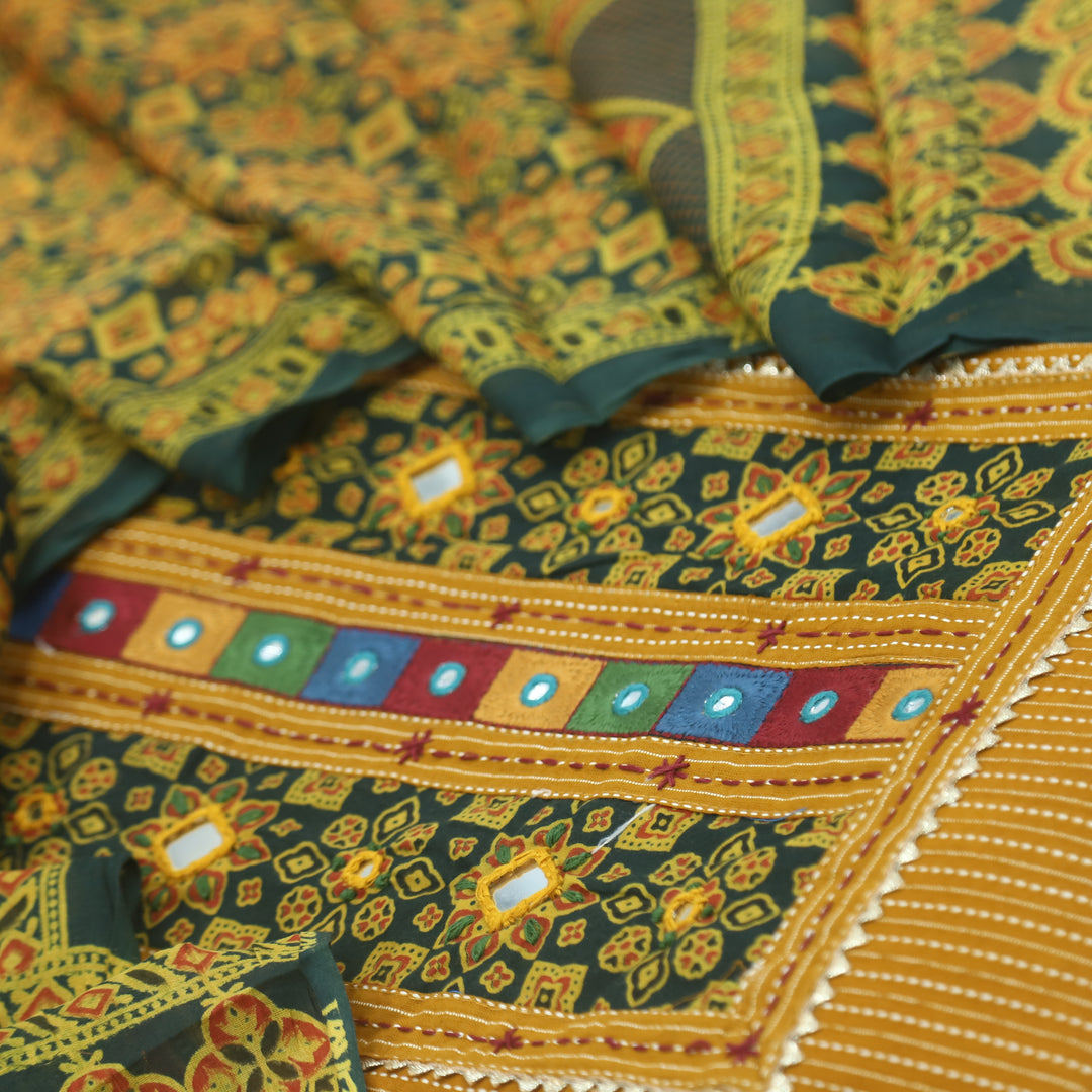 Ruhani Fire Yellow Kantha Work Cotton Top with Printed Dupatta