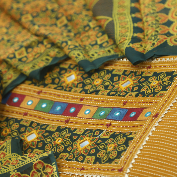 Ruhani Fire Yellow Kantha Work Cotton Top with Printed Dupatta