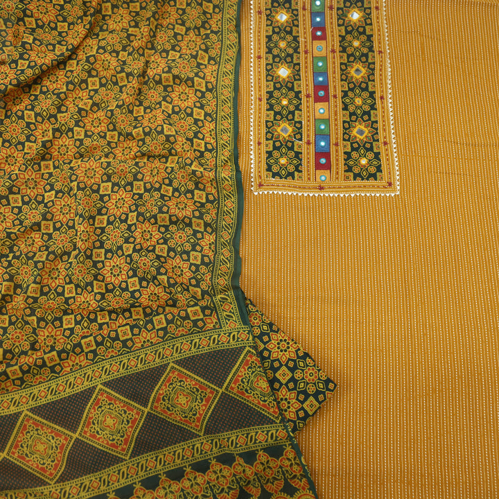 Ruhani Fire Yellow Kantha Work Cotton Top with Printed Dupatta