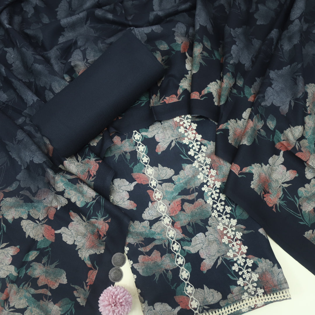 Shokhiyan Ebony Black Thread Weaved Printed Semi Pashmina Set