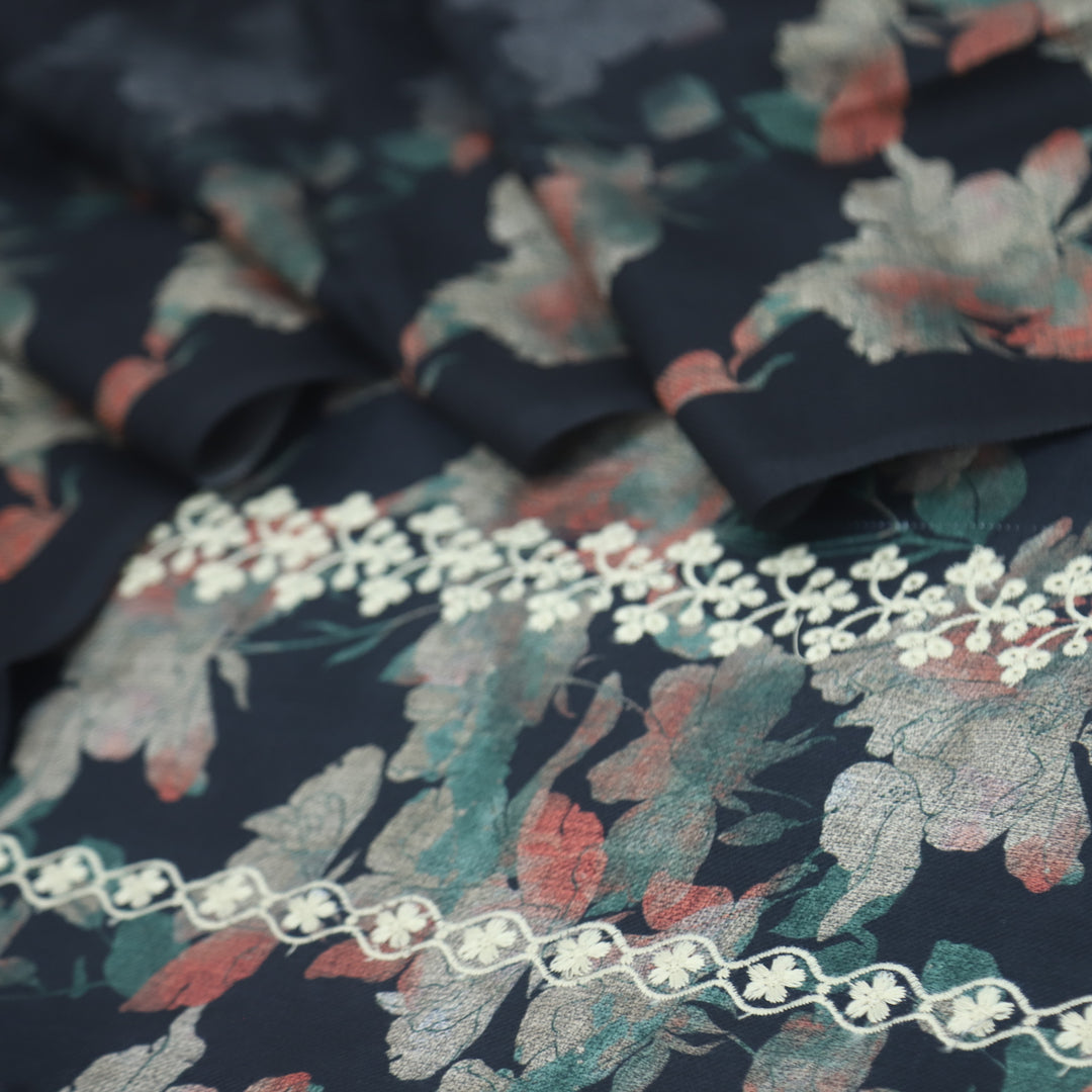 Shokhiyan Ebony Black Thread Weaved Printed Semi Pashmina Set