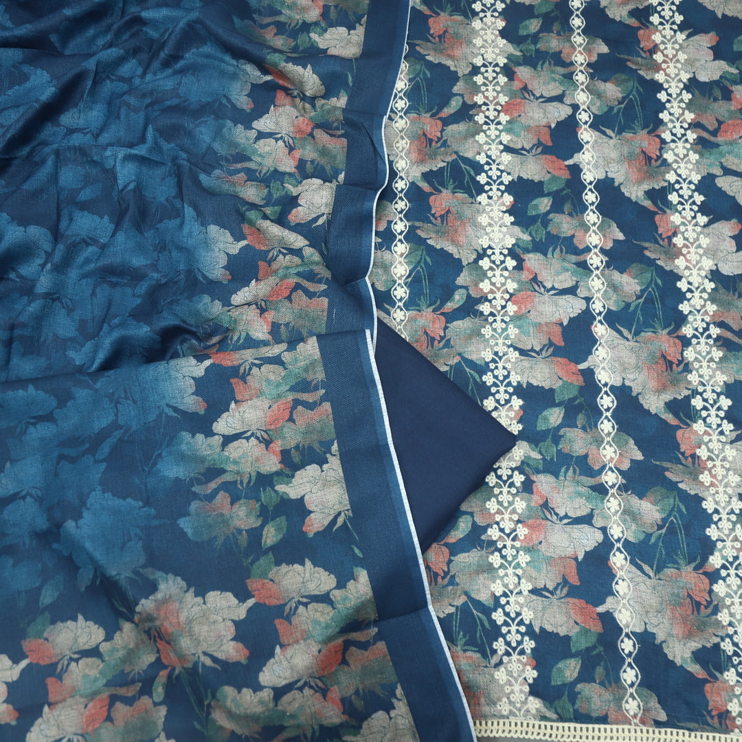 Shokhiyan Navy Blue Thread Weaved Printed Semi Pashmina Set