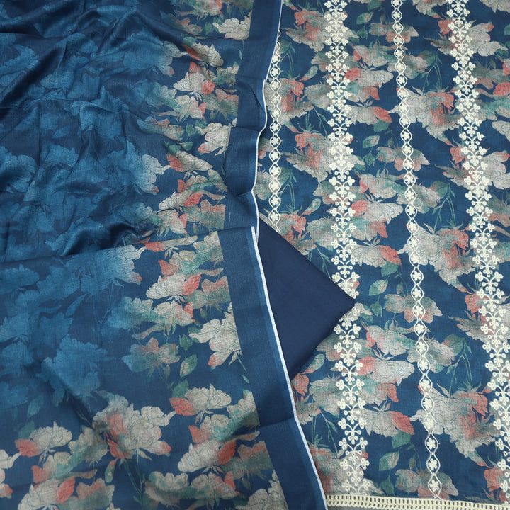 Shokhiyan Navy Blue Thread Weaved Printed Semi Pashmina Set
