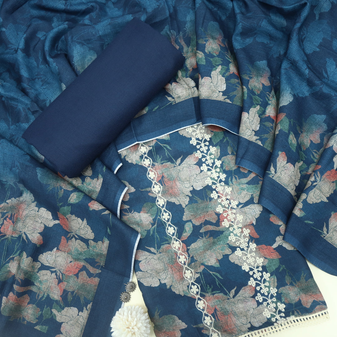 Shokhiyan Navy Blue Thread Weaved Printed Semi Pashmina Set