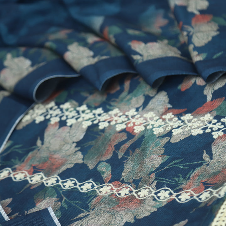 Shokhiyan Navy Blue Thread Weaved Printed Semi Pashmina Set