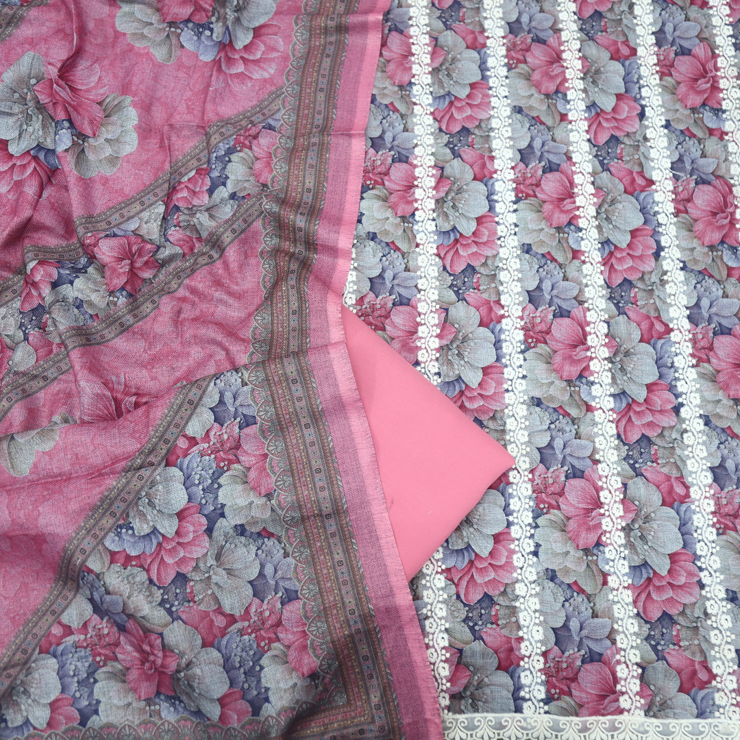 Shokhiyan Baby Pink Thread Weaved Printed Semi Pashmina Set