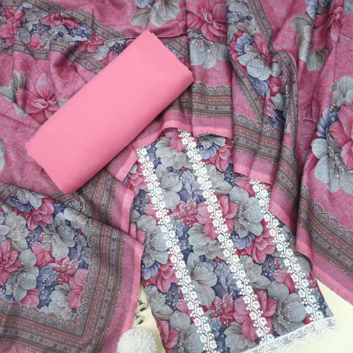 Shokhiyan Baby Pink Thread Weaved Printed Semi Pashmina Set