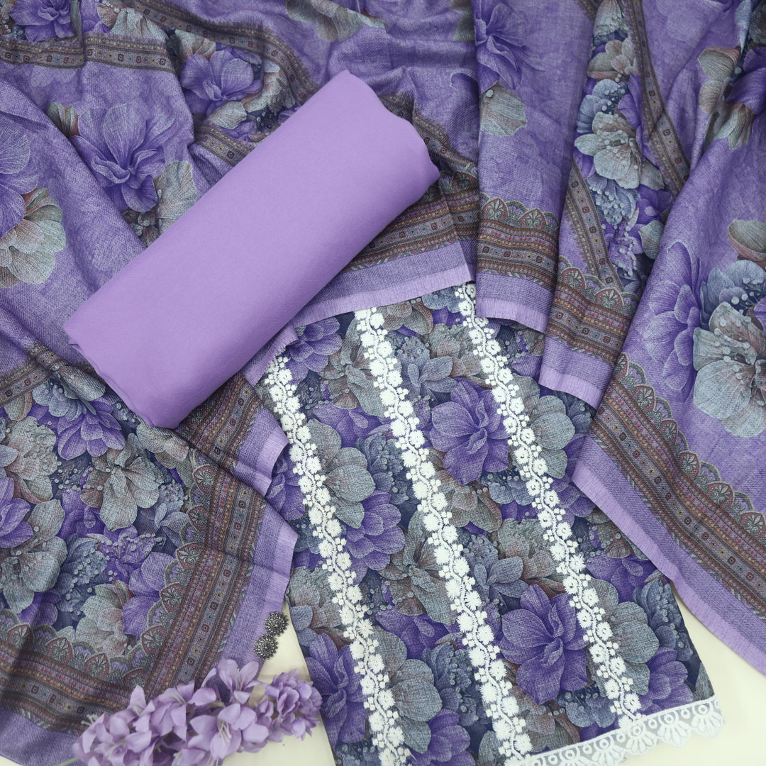 Shokhiyan Lavender Thread Weaved Printed Semi Pashmina Set