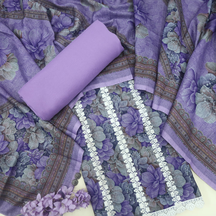 Shokhiyan Lavender Thread Weaved Printed Semi Pashmina Set