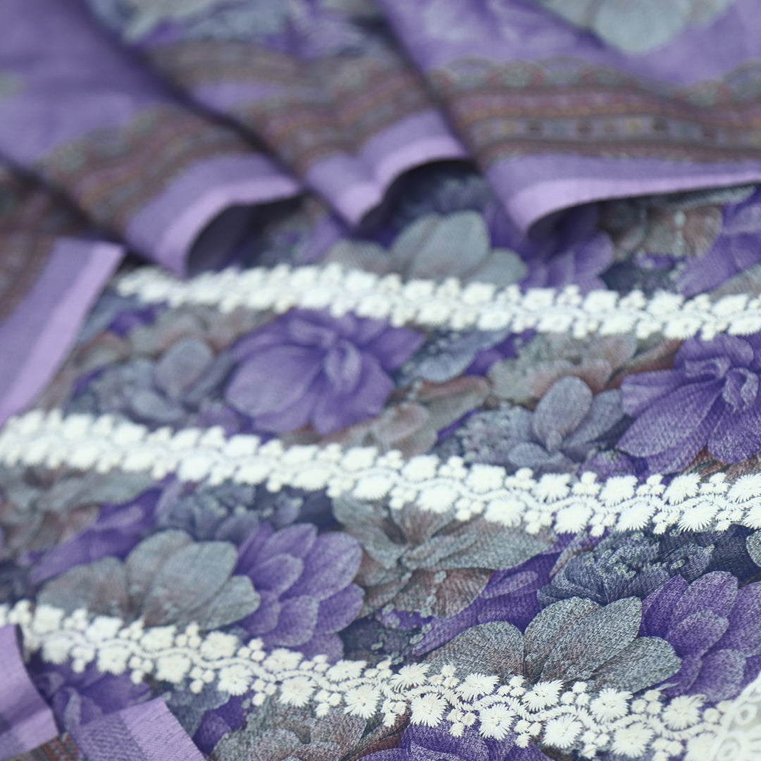 Shokhiyan Lavender Thread Weaved Printed Semi Pashmina Set