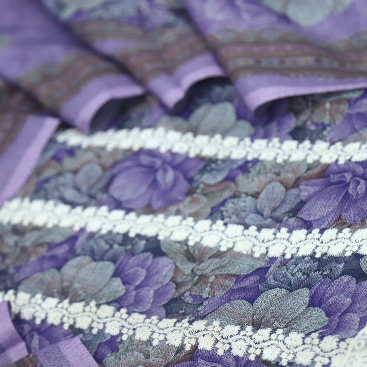 Shokhiyan Lavender Thread Weaved Printed Semi Pashmina Set