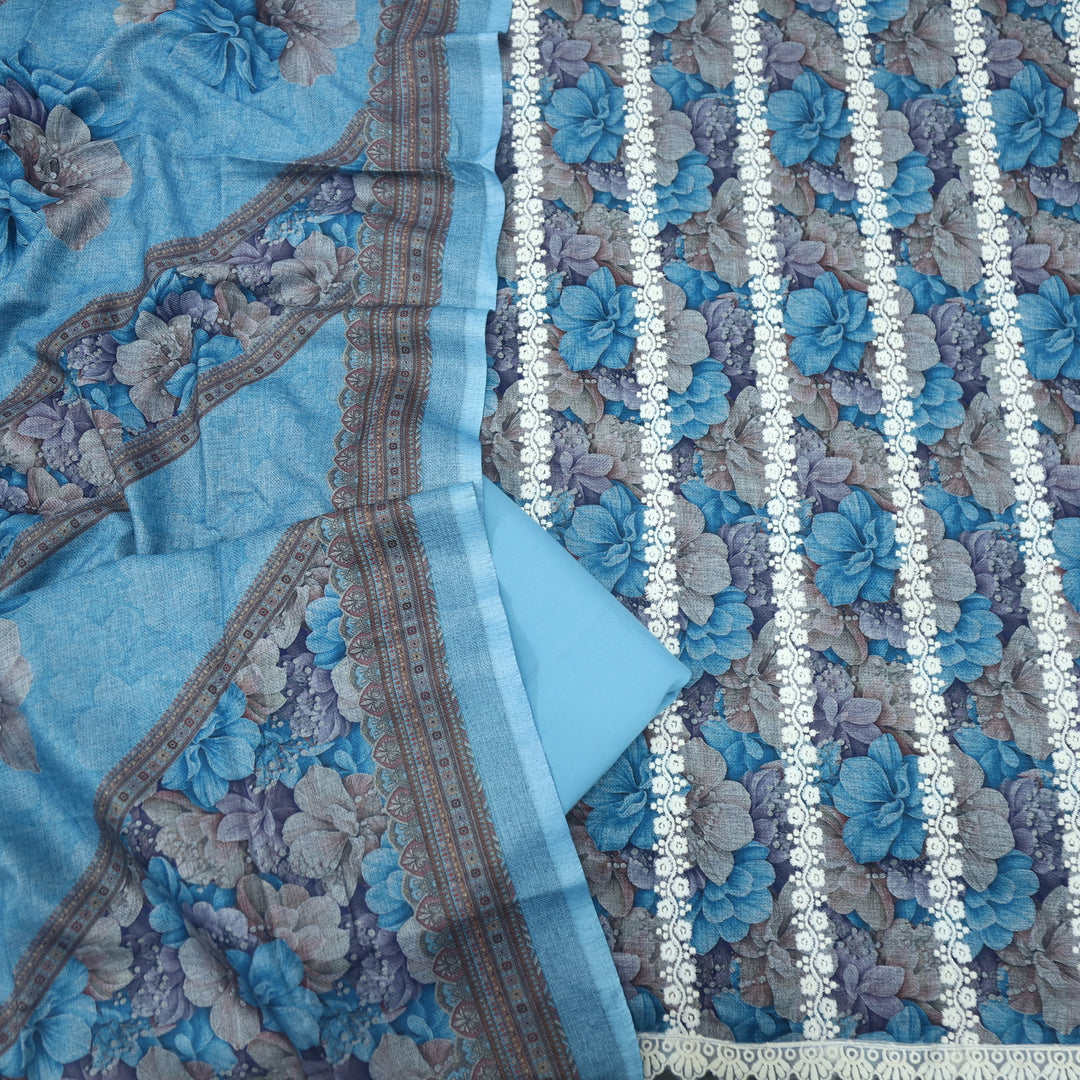 Shokhiyan Sky Blue Thread Weaved Printed Semi Pashmina Set