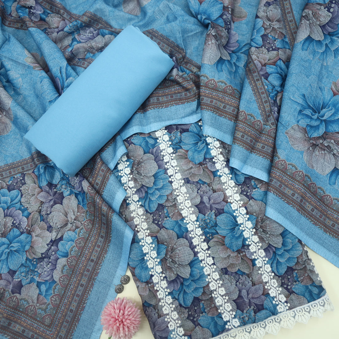 Shokhiyan Sky Blue Thread Weaved Printed Semi Pashmina Set