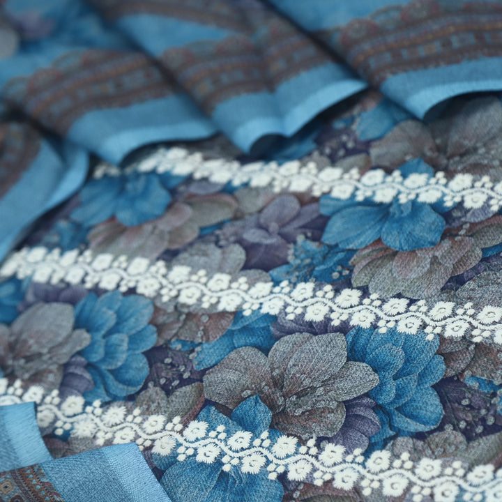 Shokhiyan Sky Blue Thread Weaved Printed Semi Pashmina Set