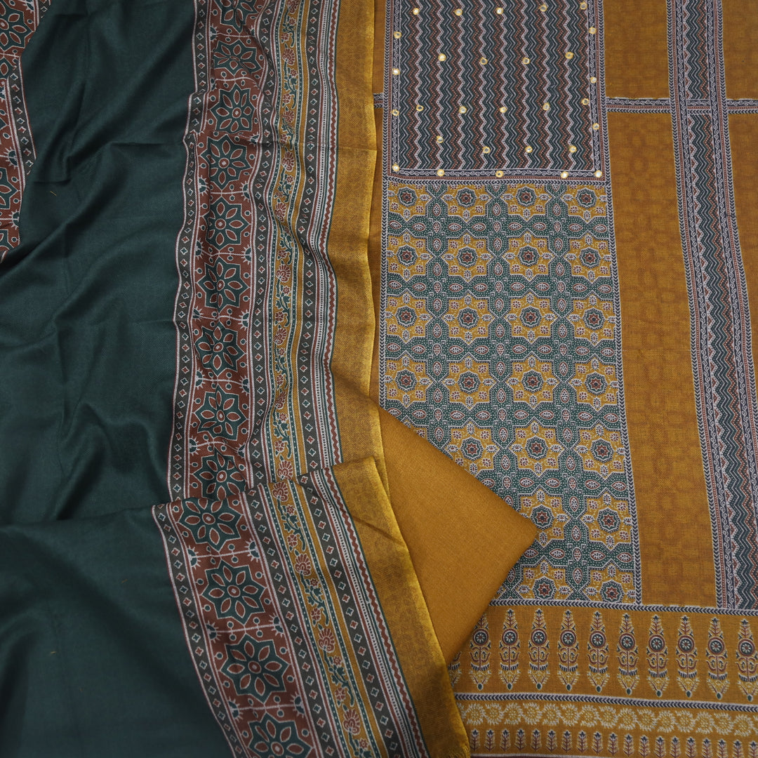 Zulfat Dijon Yellow Ajrak Print Semi Pashmina Top and Dupatta