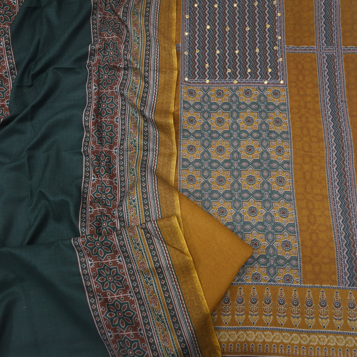 Zulfat Dijon Yellow Ajrak Print Semi Pashmina Top and Dupatta