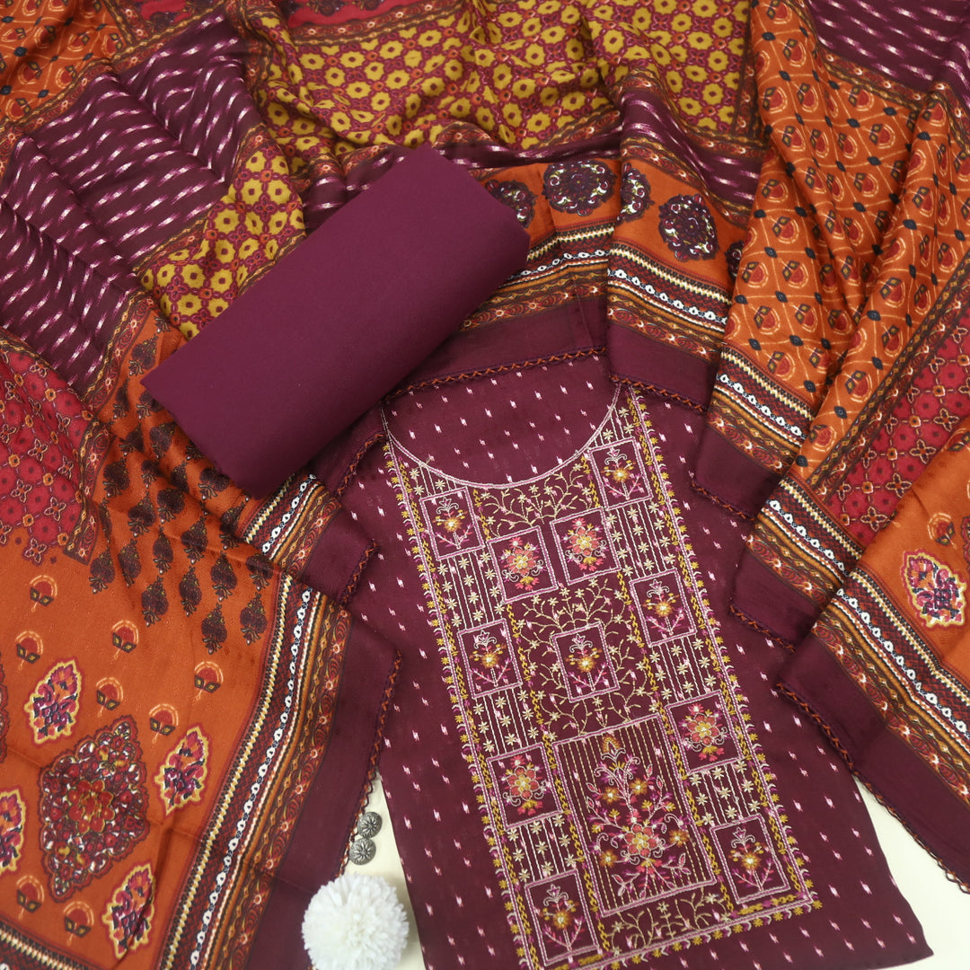 Firdous Plum Purple Thread Embroidery Semi Pashmina Suit Set