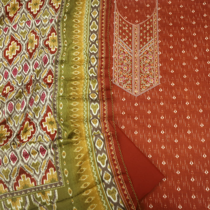 Firdous Rust Orange Thread Embroidery Semi Pashmina Suit Set