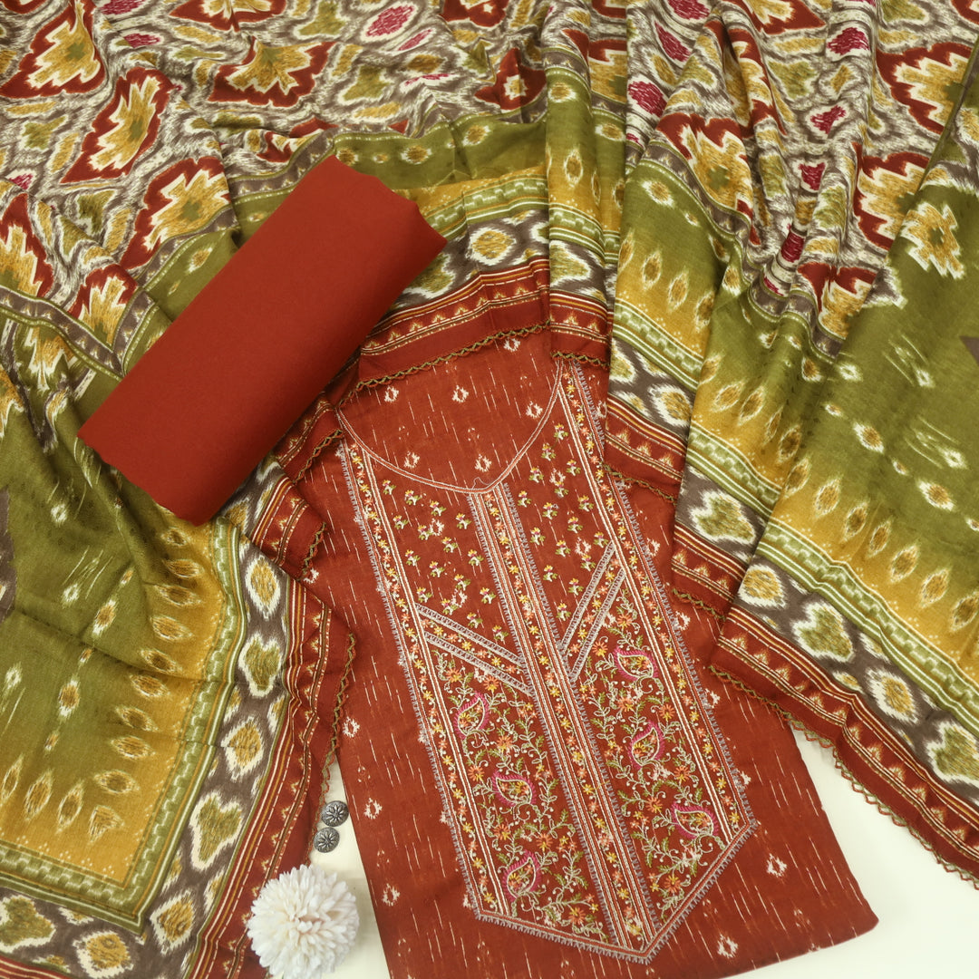 Firdous Rust Orange Thread Embroidery Semi Pashmina Suit Set