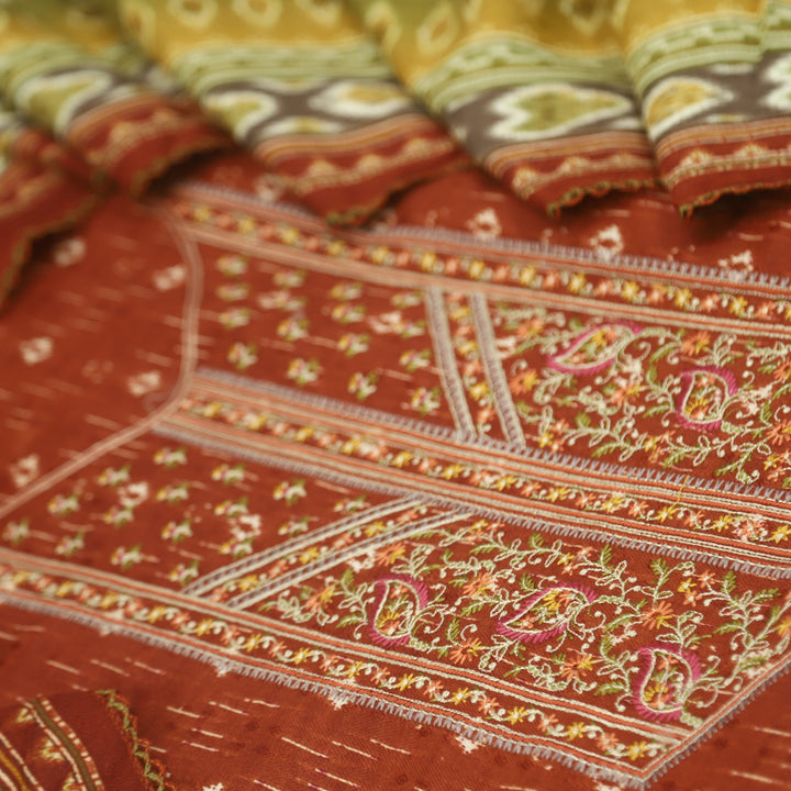 Firdous Rust Orange Thread Embroidery Semi Pashmina Suit Set