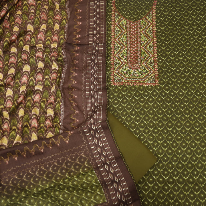 Firdous Mehndi Green Thread Embroidery Semi Pashmina Suit Set