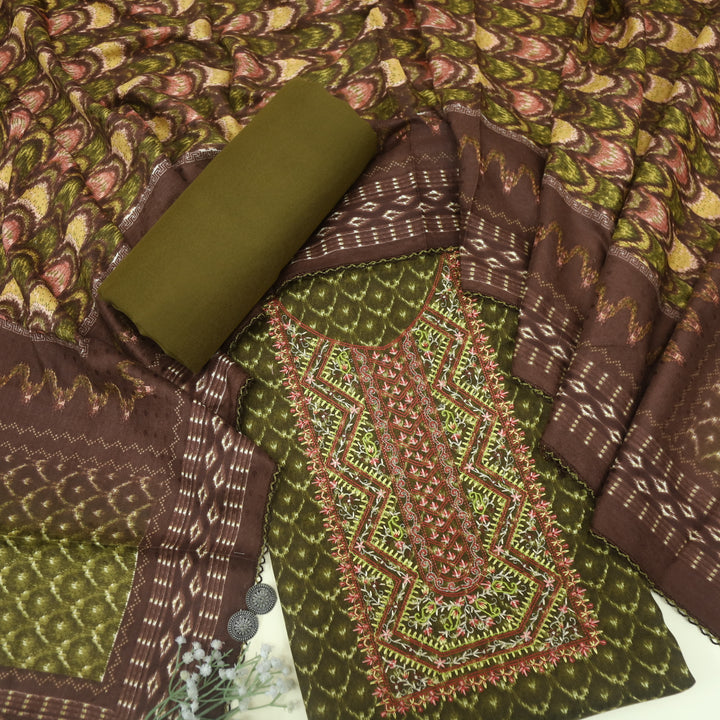 Firdous Mehndi Green Thread Embroidery Semi Pashmina Suit Set