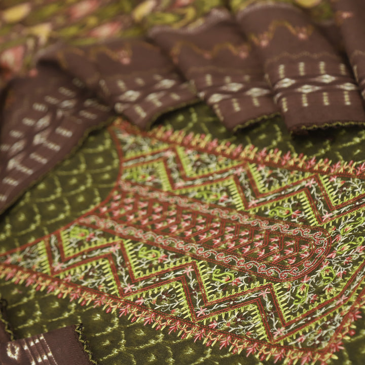 Firdous Mehndi Green Thread Embroidery Semi Pashmina Suit Set