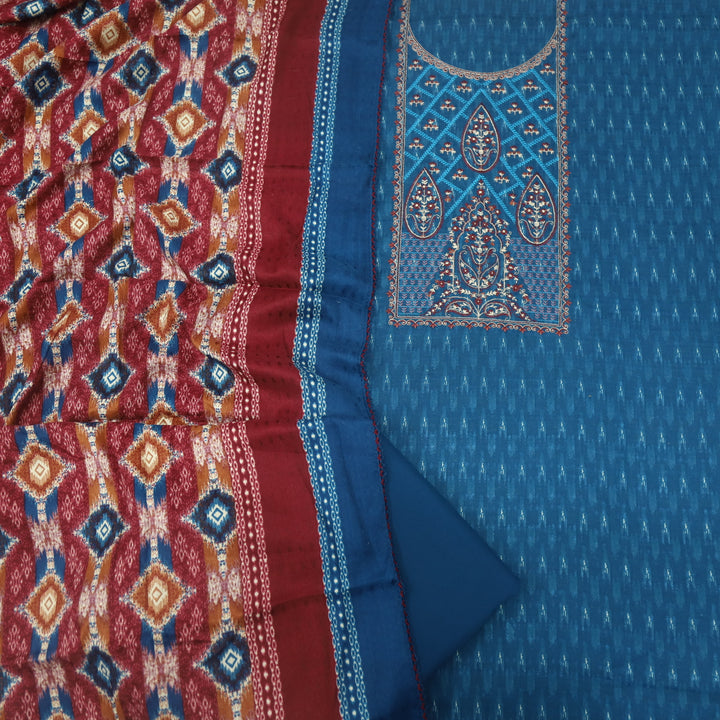 Firdous Cerulean Blue Thread Embroidery Semi Pashmina Suit Set