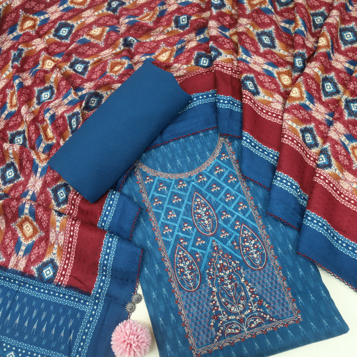 Firdous Cerulean Blue Thread Embroidery Semi Pashmina Suit Set