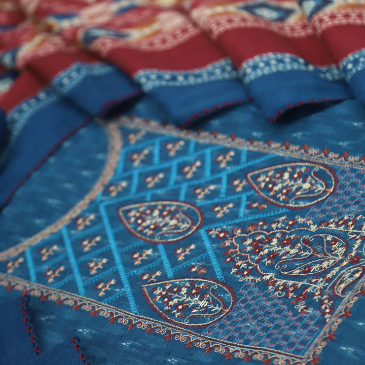Firdous Cerulean Blue Thread Embroidery Semi Pashmina Suit Set