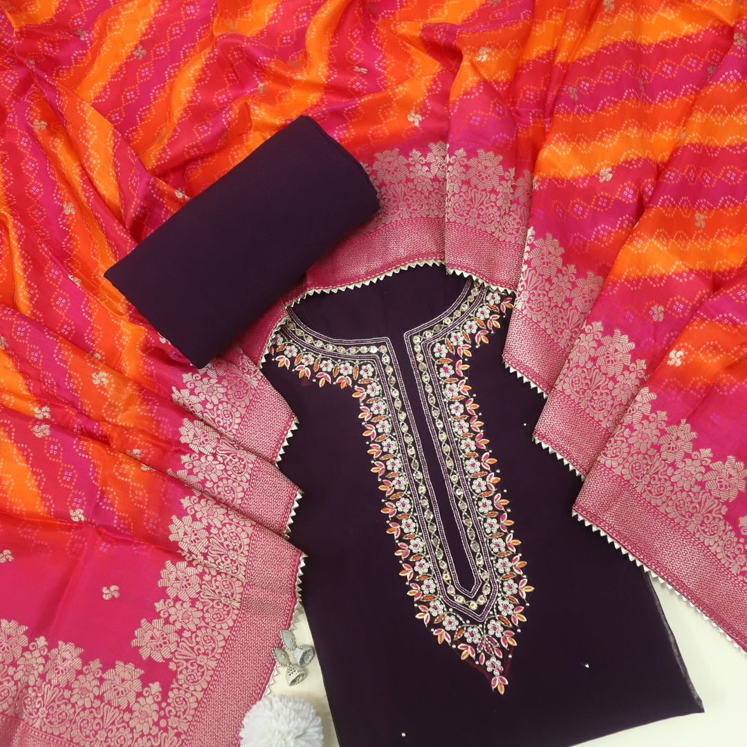 Falak Eggplant Purple Embellished Neck Chanderi Silk Suit Set