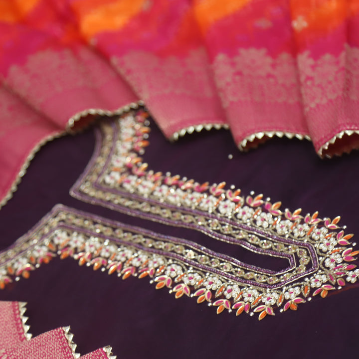 Falak Eggplant Purple Embellished Neck Chanderi Silk Suit Set
